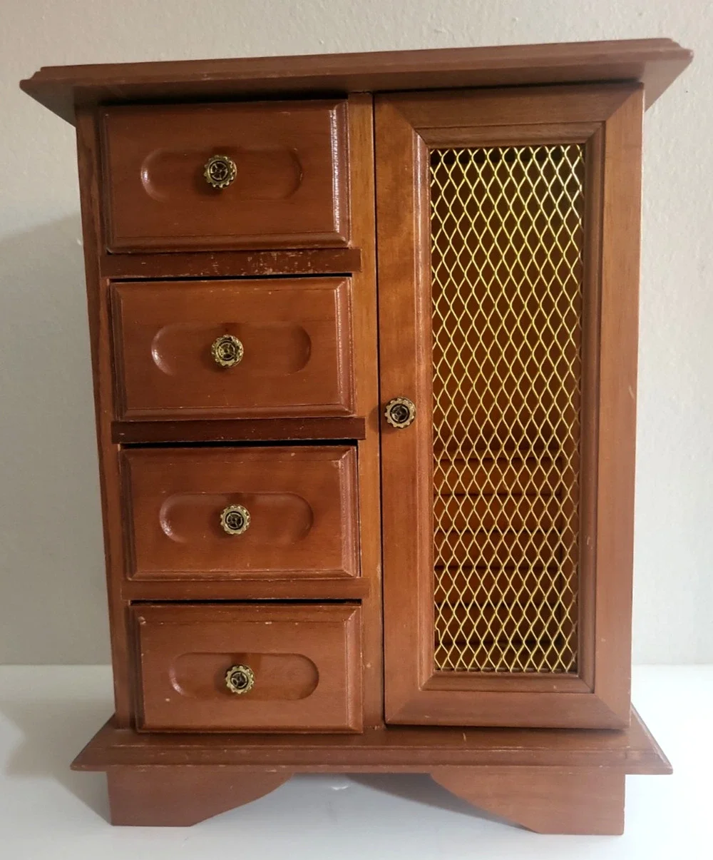 Vintage Wood Four Drawer Jewelry Box Armoire Musical Gold Felt 11.5 x 9 WORKS